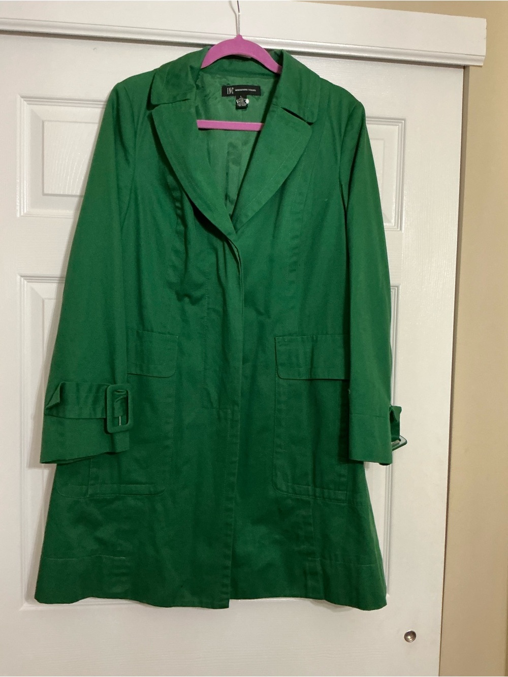 INC  Emerald Green Trench Coat with Belted Cuffs